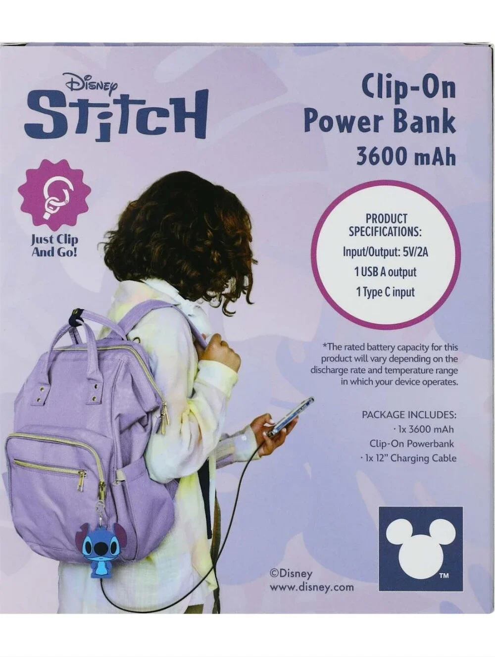 DISNEY STITCH 3600mAh CLIP-ON PORTABLE POWER BANK USB-C USB-A PHONE CHARGER